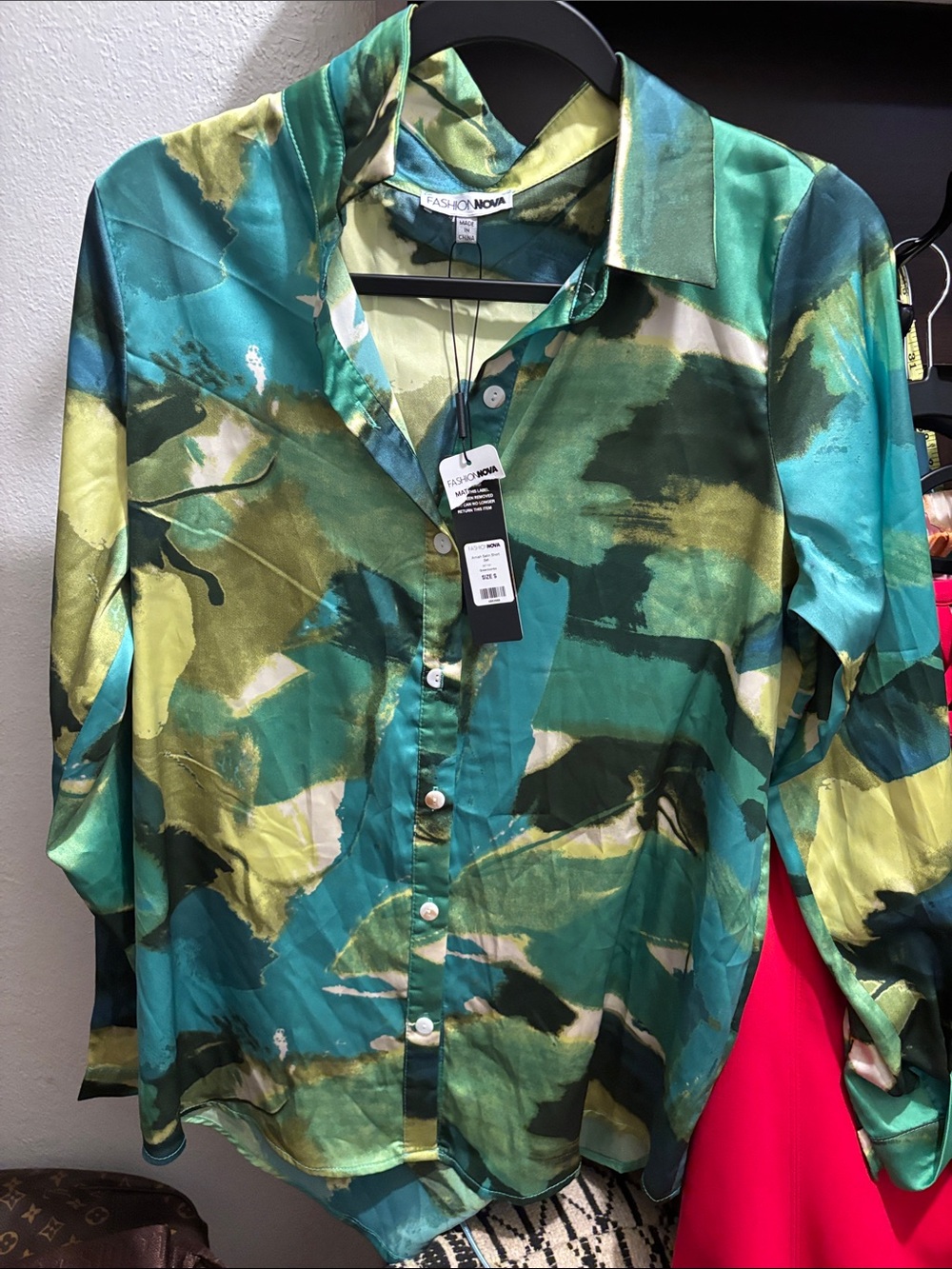 Fashion Nova Men’s Teal & Olive Abstract Button-Up Shirt -NWT